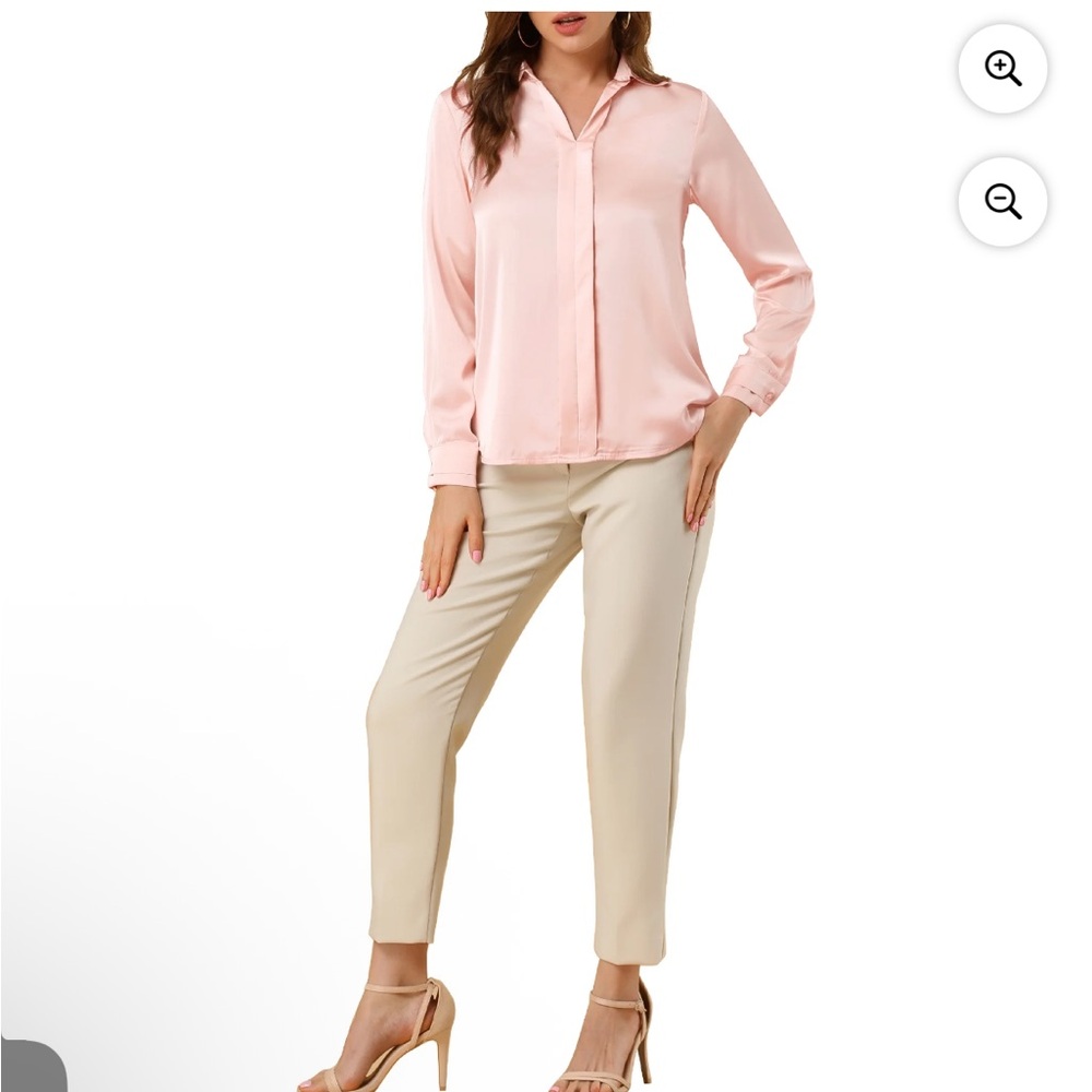 NWOT Allegra K V Neck Point Collar Long Sleeve Smooth Satin Blouse Light Pink
